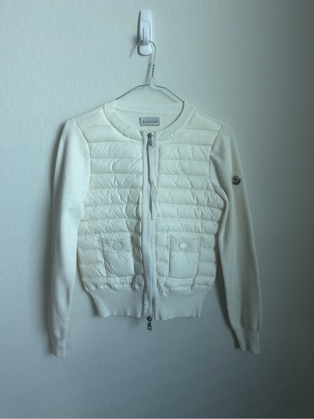 Moncler White 'Cobalt Giubbotto' Wool Knit & Down Natural Cardigan Sz. 1 - Picture 4 of 10